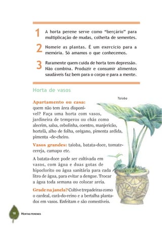 HORTAS PERENES18
Horta de vasos
Apartamento ou casa:
quem não tem área disponí-
vel? Faça uma horta com vasos,
jardineira de temperos ou chás como
alecrim, salsa, cebolinha, coentro, manjericão,
hortelã, alho de folha, orégano, pimenta ardida,
pimenta -de-cheiro.
Vasos grandes: taioba, batata-doce, tomate-
cereja, camapu etc.
A batata-doce pode ser cultivada em
vasos, com água e duas gotas de
hipoclorito ou água sanitária para cada
litro de água, para evitar a dengue. Trocar
a água toda semana ou colocar areia.
Grade na janela?Cultivetrepadeirascomo
o cardeal, cará-do-reino e a bertalha planta-
dos em vasos. Enfeitam e são comestíveis.
Raramente quem cuida de horta tem depressão.
Não combina. Produzir e consumir alimentos
saudáveis faz bem para o corpo e para a mente.
A horta perene serve como “berçário” para
multiplicação de mudas, colheita de sementes.
Nomeie as plantas. É um exercício para a
memória. Só amamos o que conhecemos.
1
2
3
Taioba
 