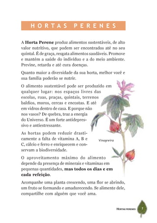 HORTAS PERENES 7
A Horta Perene produz alimentos sustentáveis, de alto
valor nutritivo, que podem ser encontrados até no seu
quintal. É de graça, resgata alimentos saudáveis. Promove
e mantém a saúde do indivíduo e a do meio ambiente.
Previne, retarda e até cura doenças.
Quanto maior a diversidade da sua horta, melhor você e
sua família poderão se nutrir.
O alimento sustentável pode ser produzido em
qualquer lugar: nos espaços livres das
escolas, ruas, praças, quintais, terrenos
baldios, muros, cercas e encostas. E até
em vidros dentro de casa. E porque não
nos vasos? De quebra, traz a energia
do Universo. É um forte antidepres-
sivo e antiestressante.
As hortas podem reduzir drasti-
camente a falta de vitamina A, B e
C, cálcio e ferro e enriquecem e con-
servam a biodiversidade.
O aproveitamento máximo do alimento
depende da presença de minerais e vitaminas em
pequenas quantidades, mas todos os dias e em
cada refeição.
Acompanhe uma planta crescendo, uma flor se abrindo,
um fruto se formando e amadurecendo. Se alimente dele,
compartilhe com alguém que você ama.
Vinagreira
H O R T A S P E R E N E S
 
