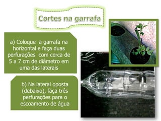 a) Coloque a garrafa na
  horizontal e faça duas
perfurações com cerca de
5 a 7 cm de diâmetro em
     uma das laterais


    b) Na lateral oposta
     (debaixo), faça três
     perfurações para o
    escoamento de água
 