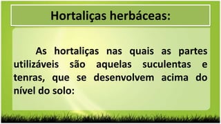 Hortaliças herbáceas:
As hortaliças nas quais as partes
utilizáveis são aquelas suculentas e
tenras, que se desenvolvem acima do
nível do solo:
 
