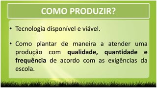 COMO PRODUZIR?
• Tecnologia disponível e viável.
• Como plantar de maneira a atender uma
produção com qualidade, quantidade e
frequência de acordo com as exigências da
escola.
 