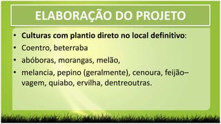 ELABORAÇÃO DO PROJETO
• Culturas com plantio direto no local definitivo:
• Coentro, beterraba
• abóboras, morangas, melão,
• melancia, pepino (geralmente), cenoura, feijão–
vagem, quiabo, ervilha, dentreoutras.
 