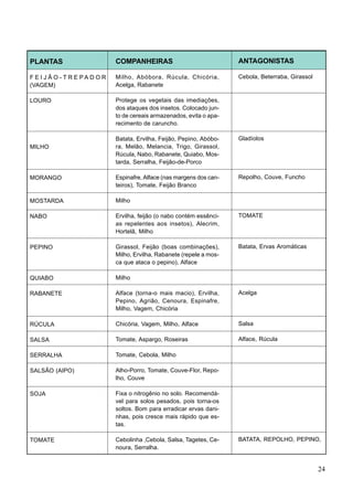 PLANTAS
F E I J Ã O - T R E P A D O R
(VAGEM)
LOURO
MILHO
MORANGO
MOSTARDA
NABO
PEPINO
QUIABO
RABANETE
RÚCULA
SALSA
SERRALHA
SALSÃO (AIPO)
SOJA
TOMATE
COMPANHEIRAS
Milho, Abóbora, Rúcula, Chicória,
Acelga, Rabanete
Protege os vegetais das imediações,
dos ataques dos insetos. Colocado jun-
to de cereais armazenados, evita o apa-
recimento de caruncho.
Batata, Ervilha, Feijão, Pepino, Abóbo-
ra, Melão, Melancia, Trigo, Girassol,
Rúcula, Nabo, Rabanete, Quiabo, Mos-
tarda, Serralha, Feijão-de-Porco
Espinafre, Alface (nas margens dos can-
teiros), Tomate, Feijão Branco
Milho
Ervilha, feijão (o nabo contém essênci-
as repelentes aos insetos), Alecrim,
Hortelã, Milho
Girassol, Feijão (boas combinações),
Milho, Ervilha, Rabanete (repele a mos-
ca que ataca o pepino), Alface
Milho
Alface (torna-o mais macio), Ervilha,
Pepino, Agrião, Cenoura, Espinafre,
Milho, Vagem, Chicória
Chicória, Vagem, Milho, Alface
Tomate, Aspargo, Roseiras
Tomate, Cebola, Milho
Alho-Porro, Tomate, Couve-Flor, Repo-
lho, Couve
Fixa o nitrogênio no solo. Recomendá-
vel para solos pesados, pois torna-os
soltos. Bom para erradicar ervas dani-
nhas, pois cresce mais rápido que es-
tas.
Cebolinha ,Cebola, Salsa, Tagetes, Ce-
noura, Serralha.
ANTAGONISTAS
Cebola, Beterraba, Girassol
Gladíolos
Repolho, Couve, Funcho
TOMATE
Batata, Ervas Aromáticas
Acelga
Salsa
Alface, Rúcula
BATATA, REPOLHO, PEPINO,
24
 