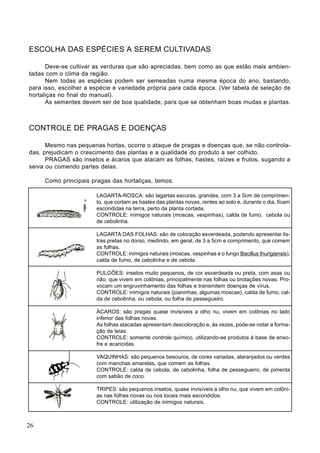 ESCOLHA DAS ESPÉCIES A SEREM CULTIVADAS
Deve-se cultivar as verduras que são apreciadas, bem como as que estão mais ambien-
tadas com o clima da região.
Nem todas as espécies podem ser semeadas numa mesma época do ano, bastando,
para isso, escolher a espécie e variedade própria para cada época. (Ver tabela de seleção de
hortaliças no final do manual).
As sementes devem ser de boa qualidade, para que se obtenham boas mudas e plantas.
CONTROLE DE PRAGAS E DOENÇAS
Mesmo nas pequenas hortas, ocorre o ataque de pragas e doenças que, se não controla-
das, prejudicam o crescimento das plantas e a qualidade do produto a ser colhido.
PRAGAS são insetos e ácaros que atacam as folhas, hastes, raízes e frutos, sugando a
seiva ou comendo partes delas.
Como principais pragas das hortaliças, temos:
LAGARTA-ROSCA: são lagartas escuras, grandes, com 3 a 5cm de comprimen-
to, que cortam as hastes das plantas novas, rentes ao solo e, durante o dia, ficam
escondidas na terra, perto da planta cortada.
CONTROLE: inimigos naturais (moscas, vespinhas), calda de fumo, cebola ou
de cebolinha.
LAGARTA DAS FOLHAS: são de coloração esverdeada, podendo apresentar lis-
tras pretas no dorso, medindo, em geral, de 3 a 5cm e comprimento, que comem
as folhas.
CONTROLE: inimigos naturais (moscas, vespinhas e o fungo Bacillus thurigiensis),
calda de fumo, de cebolinha e de cebola.
PULGÕES: insetos muito pequenos, de cor esverdeada ou preta, com asas ou
não, que vivem em colônias, principalmente nas folhas ou brotações novas. Pro-
vocam um engruvinhamento das folhas e transmitem doenças de vírus.
CONTROLE: inimigos naturais (joaninhas, algumas moscas), calda de fumo, cal-
da de cebolinha, ou cebola, ou folha de pessegueiro.
ÁCAROS: são pragas quase invisíveis a olho nu, vivem em colônias no lado
inferior das folhas novas.
As folhas atacadas apresentam descoloração e, às vezes, pode-se notar a forma-
ção de teias.
CONTROLE: somente controle químico, utilizando-se produtos à base de enxo-
fre e acaricidas.
VAQUINHAS: são pequenos besouros, de cores variadas, alaranjados ou verdes
com manchas amarelas, que comem as folhas.
CONTROLE: calda de cebola, de cebolinha, folha de pessegueiro, de pimenta
com sabão de coco.
TRIPES: são pequenos insetos, quase invisíveis a olho nu, que vivem em colôni-
as nas folhas novas ou nos locais mais escondidos.
CONTROLE: utilização de inimigos naturais.
26
 