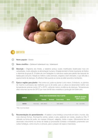 17
N
N
...
110 Batata
Nome popular - Batata
Nome científico – Solanum tuberosum ssp. tuberosum
Descrição – Originária dos Andes, a batateira produz caules modificados (tubérculos) ricos em
carboidratos, muito utilizados na alimentação humana. A batata também é fonte importante de fósforo
e vitaminas do grupo B. O tubérculo com brotações é a estrutura usada para plantio das lavouras de
batata para consumo. Adapta-se melhor a solos arenosos, arejados e bem drenados, o que dificulta o
aparecimento de doenças. A colheita é feita quando as ramas já estão secando e tombando.
Época e regiões para plantio – No centro-sul, pode-se plantar o ano inteiro. Entretanto, os plantios
de inverno e primavera são melhores que os de verão, pois a cultura se desenvolve melhor sob
temperaturas amenas (entre 15° e 25°C), sofrendo menor incidência de doenças. Temperaturas
altas noturnas (acima de 20°C) por mais de 60 dias inviabiliza a produção de tubérculos.
ESPÉCIE
ÉPOCA MAIS RECOMENDADA PARA PLANTIO
INÍCIO DE COLHEITA
(após o plantio)
Sul Sudeste Nordeste Centro-Oeste Norte
Batata nov./dez. abr./maio * abr./maio * 90 – 120 dias
*Não recomendável.
Recomendações de aproveitamento – A batata é uma hortaliça consumida em todo o mundo, das
mais diversas formas. Acompanha carnes, peixes e aves, podendo ser cozida, assada ou frita. É
utilizada na forma de purês, em massas (nhoque), salgados, tortas e sopas. Ultimamente tem-se
observado crescimento na venda da batata já processada (cortada e embalada) juntamente com
outras hortaliças, como chuchu e cenoura, para o preparo de sopas e maioneses.
 