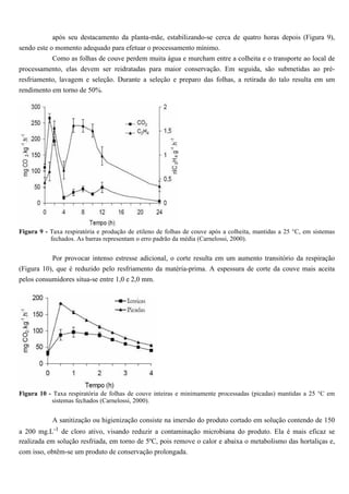 após seu destacamento da planta-mãe, estabilizando-se cerca de quatro horas depois (Figura 9),
sendo este o momento adequado para efetuar o processamento mínimo.
            Como as folhas de couve perdem muita água e murcham entre a colheita e o transporte ao local de
processamento, elas devem ser reidratadas para maior conservação. Em seguida, são submetidas ao pré-
resfriamento, lavagem e seleção. Durante a seleção e preparo das folhas, a retirada do talo resulta em um
rendimento em torno de 50%.




Figura 9 - Taxa respiratória e produção de etileno de folhas de couve após a colheita, mantidas a 25 °C, em sistemas
           fechados. As barras representam o erro padrão da média (Carnelossi, 2000).


            Por provocar intenso estresse adicional, o corte resulta em um aumento transitório da respiração
(Figura 10), que é reduzido pelo resfriamento da matéria-prima. A espessura de corte da couve mais aceita
pelos consumidores situa-se entre 1,0 e 2,0 mm.




Figura 10 - Taxa respiratória de folhas de couve inteiras e minimamente processadas (picadas) mantidas a 25 °C em
           sistemas fechados (Carnelossi, 2000).


            A sanitização ou higienização consiste na imersão do produto cortado em solução contendo de 150
a 200 mg.L-1 de cloro ativo, visando reduzir a contaminação microbiana do produto. Ela é mais eficaz se
realizada em solução resfriada, em torno de 5ºC, pois remove o calor e abaixa o metabolismo das hortaliças e,
com isso, obtêm-se um produto de conservação prolongada.
 