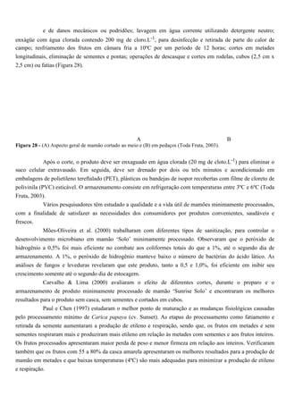 e de danos mecânicos ou podridões; lavagem em água corrente utilizando detergente neutro;
enxágüe com água clorada contendo 200 mg de cloro.L-1, para desinfecção e retirada de parte do calor de
campo; resfriamento dos frutos em câmara fria a 10ºC por um período de 12 horas; cortes em metades
longitudinais, eliminação de sementes e pontas; operações de descasque e cortes em rodelas, cubos (2,5 cm x
2,5 cm) ou fatias (Figura 28).




                                                      A                                       B
Figura 28 - (A) Aspecto geral de mamão cortado ao meio e (B) em pedaços (Toda Fruta, 2003).


           Após o corte, o produto deve ser enxaguado em água clorada (20 mg de cloto.L-1) para eliminar o
suco celular extravasado. Em seguida, deve ser drenado por dois ou três minutos e acondicionado em
embalagens de polietileno tereftalado (PET), plásticas ou bandejas de isopor recobertas com filme de cloreto de
polivinila (PVC) esticável. O armazenamento consiste em refrigeração com temperaturas entre 3ºC e 6ºC (Toda
Fruta, 2003).
          Vários pesquisadores têm estudado a qualidade e a vida útil de mamões minimamente processados,
com a finalidade de satisfazer as necessidades dos consumidores por produtos convenientes, saudáveis e
frescos.
            Mões-Oliveira et al. (2000) trabalharam com diferentes tipos de sanitização, para controlar o
desenvolvimento microbiano em mamão ‘Solo’ minimamente processado. Observaram que o peróxido de
hidrogênio a 0,5% foi mais eficiente no combate aos coliformes totais do que a 1%, até o segundo dia de
armazenamento. A 1%, o peróxido de hidrogênio manteve baixo o número de bactérias do ácido lático. As
análises de fungos e leveduras revelaram que este produto, tanto a 0,5 e 1,0%, foi eficiente em inibir seu
crescimento somente até o segundo dia de estocagem.
            Carvalho & Lima (2000) avaliaram o efeito de diferentes cortes, durante o preparo e o
armazenamento de produto minimamente processado de mamão ‘Sunrise Solo’ e encontraram os melhores
resultados para o produto sem casca, sem sementes e cortados em cubos.
            Paul e Chen (1997) estudaram o melhor ponto de maturação e as mudanças fisiológicas causadas
pelo processamento mínimo de Carica papaya (cv. Sunset). As etapas do processamento como fatiamento e
retirada da semente aumentaram a produção de etileno e respiração, sendo que, os frutos em metades e sem
sementes respiraram mais e produziram mais etileno em relação às metades com sementes e aos frutos inteiros.
Os frutos processados apresentaram maior perda de peso e menor firmeza em relação aos inteiros. Verificaram
também que os frutos com 55 a 80% da casca amarela apresentaram os melhores resultados para a produção de
mamão em metades e que baixas temperaturas (4ºC) são mais adequadas para minimizar a produção de etileno
e respiração.
 
