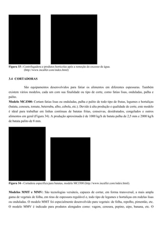 Figura 33 - Centrifugadora e produtos hortícolas após a remoção do excesso de água.
            (http://www.incalfer.com/index.html)


3.4 CORTADORAS

           São equipamentos desenvolvidos para fatiar os alimentos em diferentes espessuras. Também
existem vários modelos, cada um com sua finalidade ou tipo de corte, como fatias lisas, onduladas, palha e
palito.
Modelo MCJ300: Cortam fatias lisas ou onduladas, palha e palito de todo tipo de frutas, legumes e hortaliças
(batata, cenoura, tomate, beterraba, alho, cebola, etc.). Devido à alta produção e qualidade de corte, este modelo
é ideal para trabalhar em linhas contínuas de batatas fritas, conservas, desidratados, congelados e outros
alimentos em geral (Figura 34). A produção aproximada é de 1000 kg/h de batata palha de 2,5 mm e 2000 kg/h
de batata palito de 8 mm.




Figura 34 - Cortadora específica para batatas, modelo MCJ300 (http://www.incalfer.com/index.html).


Modelos MMT e MMV: São tecnologias versáteis, capazes de cortar, em forma transversal, a mais ampla
gama de vegetais de folha, em tiras de espessura regulável e, todo tipo de legumes e hortaliças em rodelas lisas
ou onduladas. O modelo MMT foi especialmente desenvolvido para vegetais: de folha, repolho, pimentão, etc.
O modelo MMV é indicado para produtos alongados como: vagem, cenoura, pepino, aipo, banana, etc. O
 