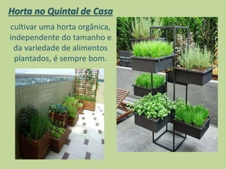 Horta no Quintal de Casa
cultivar uma horta orgânica,
independente do tamanho e
da variedade de alimentos
plantados, é sempre bom.
 