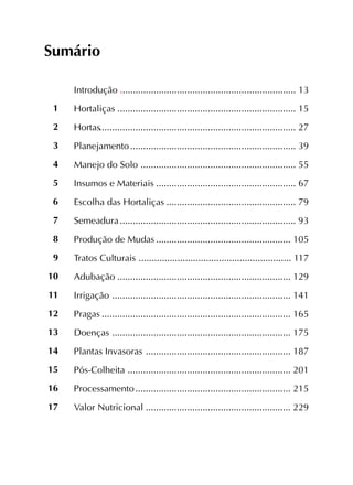 Introdução
Hortaliças
Hortas
Planejamento
Manejo do Solo
Insumos e Materiais
Escolha das Hortaliças
Semeadura
Produção de Mudas
Tratos Culturais
Adubação
Irrigação
Pragas
Doenças
Plantas Invasoras
Pós-Colheita
Processamento
Valor Nutricional
1
2
3
4
5
6
7
8
9
10
11
12
13
14
15
16
17
Sumário
.................................................................... 13
..................................................................... 15
............................................................................ 27
................................................................ 39
............................................................ 55
...................................................... 67
.................................................. 79
.................................................................... 93
.................................................... 105
........................................................... 117
................................................................... 129
..................................................................... 141
......................................................................... 165
..................................................................... 175
........................................................ 187
............................................................... 201
............................................................ 215
........................................................ 229
 
