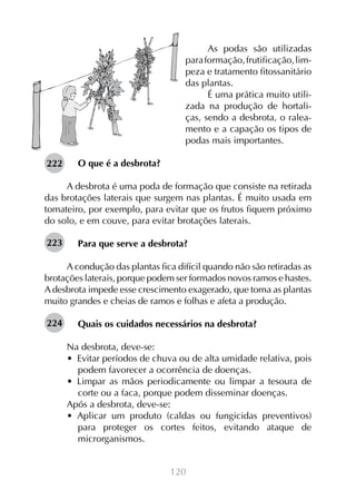 120
As podas são utilizadas
paraformação,frutificação,lim-
peza e tratamento fitossanitário
das plantas.
É uma prática muito utili-
zada na produção de hortali-
ças, sendo a desbrota, o ralea-
mento e a capação os tipos de
podas mais importantes.
O que é a desbrota?
A desbrota é uma poda de formação que consiste na retirada
das brotações laterais que surgem nas plantas. É muito usada em
tomateiro, por exemplo, para evitar que os frutos fiquem próximo
do solo, e em couve, para evitar brotações laterais.
Para que serve a desbrota?
A condução das plantas fica difícil quando não são retiradas as
brotações laterais, porque podem ser formados novos ramos e hastes.
A desbrota impede esse crescimento exagerado, que torna as plantas
muito grandes e cheias de ramos e folhas e afeta a produção.
Quais os cuidados necessários na desbrota?
Na desbrota, deve-se:
•  Evitar períodos de chuva ou de alta umidade relativa, pois
podem favorecer a ocorrência de doenças.
•  Limpar as mãos periodicamente ou limpar a tesoura de
corte ou a faca, porque podem disseminar doenças.
Após a desbrota, deve-se:
•  Aplicar um produto (caldas ou fungicidas preventivos)
para proteger os cortes feitos, evitando ataque de
microrganismos.
222
223
224
 
