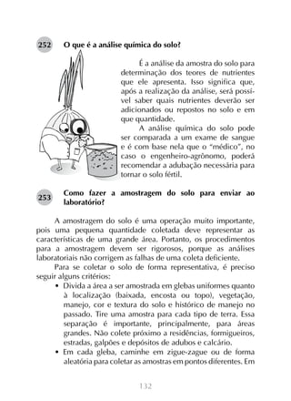 132
O que é a análise química do solo?
É a análise da amostra do solo para
determinação dos teores de nutrientes
que ele apresenta. Isso significa que,
após a realização da análise, será possí-
vel saber quais nutrientes deverão ser
adicionados ou repostos no solo e em
que quantidade.
A análise química do solo pode
ser comparada a um exame de sangue
e é com base nela que o “médico”, no
caso o engenheiro-agrônomo, poderá
recomendar a adubação necessária para
tornar o solo fértil.
Como fazer a amostragem do solo para enviar ao
laboratório?
A amostragem do solo é uma operação muito importante,
pois uma pequena quantidade coletada deve representar as
características de uma grande área. Portanto, os procedimentos
para a amostragem devem ser rigorosos, porque as análises
laboratoriais não corrigem as falhas de uma coleta deficiente. 	
Para se coletar o solo de forma representativa, é preciso
seguir alguns critérios:
•  Divida a área a ser amostrada em glebas uniformes quanto
à localização (baixada, encosta ou topo), vegetação,
manejo, cor e textura do solo e histórico de manejo no
passado. Tire uma amostra para cada tipo de terra. Essa
separação é importante, principalmente, para áreas
grandes. Não colete próximo a residências, formigueiros,
estradas, galpões e depósitos de adubos e calcário.
•  Em cada gleba, caminhe em zigue-zague ou de forma
aleatória para coletar as amostras em pontos diferentes. Em
252
253
 