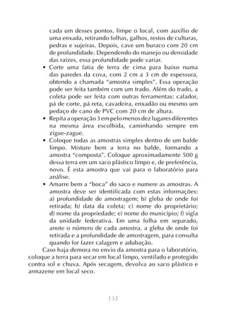 133
cada um desses pontos, limpe o local, com auxílio de
uma enxada, retirando folhas, galhos, restos de culturas,
pedras e sujeiras. Depois, cave um buraco com 20 cm
de profundidade. Dependendo do manejo ou densidade
das raízes, essa profundidade pode variar.
•  Corte uma fatia de terra de cima para baixo numa
das paredes da cova, com 2 cm a 3 cm de espessura,
obtendo a chamada “amostra simples”. Essa operação
pode ser feita também com um trado. Além do trado, a
coleta pode ser feita com outras ferramentas: calador,
pá de corte, pá reta, cavadeira, enxadão ou mesmo um
pedaço de cano de PVC com 20 cm de altura.
•  Repita a operação 3 em pelo menos dez lugares diferentes
na mesma área escolhida, caminhando sempre em
zigue-zague.
•  Coloque todas as amostras simples dentro de um balde
limpo. Misture bem a terra no balde, formando a
amostra “composta”. Coloque aproximadamente 500 g
dessa terra em um saco plástico limpo e, de preferência,
novo. É esta amostra que vai para o laboratório para
análise.
•  Amarre bem a “boca” do saco e numere as amostras. A
amostra deve ser identificada com estas informações:
a) profundidade de amostragem; b) gleba de onde foi
retirada; b) data da coleta; c) nome do proprietário;
d) nome da propriedade; e) nome do município; f) sigla
da unidade federativa. Em uma folha em separado,
anote o número de cada amostra, a gleba de onde foi
retirada e a profundidade de amostragem, para consulta
quando for fazer calagem e adubação.
Caso haja demora no envio da amostra para o laboratório,
coloque a terra para secar em local limpo, ventilado e protegido
contra sol e chuva. Após secagem, devolva ao saco plástico e
armazene em local seco.
 