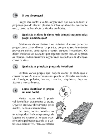 167
O que são pragas?
Pragas são insetos e outros organismos que causam danos e
prejuízos quando atacam plantas de interesse alimentar ou econô-
mico, como as hortaliças cultivadas em hortas.
Quais são os tipos de danos mais comuns causados pelas
pragas em hortaliças?
Existem os danos diretos e os indiretos. A maior parte das
pragas causa danos diretos nas plantas, porque ao se alimentarem
provocam cortes, perfurações e outros estragos irreversíveis. Os
danos indiretos são causados por algumas pragas que, ao sugarem
as plantas, podem transmitir organismos causadores de doenças,
como os vírus.
Quais são as principais pragas de hortaliças?
Existem várias pragas que podem atacar as hortaliças e
causar danos. As mais comuns nas plantas cultivadas em hortas
são formigas, pulgões, lesmas, caracóis, vaquinhas, lagartas,
ácaros e mosca-branca.
Como identificar as pragas
em uma horta?
Muitas vezes não é possí-
vel identificar exatamente a praga.
Deve-se procurar diretamente pelos
insetos, danos e excrementos.
Em geral, folhas comidas ou
furadas podem indicar a presença de
lagartas ou vaquinhas, e estas ocor-
rem principalmente quando os plan-
tios são mais novos. Plantas cortadas
320
321
322
323
 