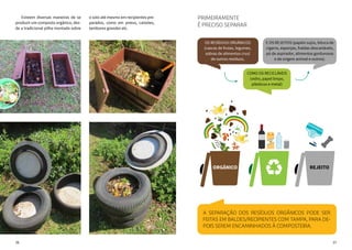 2726
	 Existem diversas maneiras de se
produzir um composto orgânico, des-
de a tradicional pilha montada sobre
o solo até mesmo em recipientes pre-
parados, como em pneus, caixotes,
tambores grandes etc.
PRIMEIRAMENTE
É preciso separar
Os resíduos orgânicos
(cascas de frutas, legumes,
sobras de alimentos crus)
de outros resíduos,
ORGÂNICO REJEITO
como os recicláveis
(vidro, papel limpo,
plásticos e metal)
e os rejeitos (papéis sujos, bituca de
cigarro, esponjas, fraldas descartáveis,
pó de aspirador, alimentos gordurosos
e de origem animal e outros).
A separação dos resíduos ORGÂNICOS pode ser
feitas em baldes/recipientes com tampa, para de-
pois serem encaminhados à composteira.
 
