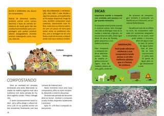 2928
	 Deve ser montada em camadas,
lembrando uma torta. Alternando ca-
madas de matéria orgânica mais seca
(carbono) com outra camada de ma-
téria orgânica úmida / fresco (nitrogê-
nio).
	 E assim sucessivamente nesta or-
dem até a pilha atingir a altura má-
xima 1,50 cm ou quando encher um
dos recipientes finalizando com boa
DicaS:
Importante manter o composto
com umidade, sem excesso e re-
gar quando necessário.
O composto estará pronto quando
o material estiver bem homogê-
neo (não se distinguir mais as ca-
madas e materiais originais), cor
escura (marrom café), cheiro agra-
dável de terra de floresta,
grãos pequenos e con-
sistência de terra.
Para enriquecer
o composto po-
de-se adicionar
outras fontes
de matéria or-
gânica como ser-
ragem, cinza de
madeira, esterco de
aves, gado, cavalo etc.
	 No processo de composta-
gem também é produzido um
líquido escuro (chorume), um ex-
celente biofertilizante.
	
	 Na pilha em solo ele se infiltra
na terra. Na composteira reali-
zada em recipientes adaptados
e encaixados um ao outro, você
pode coletar o chorume,
diluir em água (1 par-
te para 20 partes
de água) pulve-
rizar as plan-
tas ou mais
concentrado
(1 parte para
10 partes de
água) para re-
gar diretamente
o solo.
Óleos e gorduras não devem
ser compostados.
Sobras de alimentos cozidos,
proteína animal como carnes,
laticínios e fezes de animais do-
mésticos de modo geral não são
usados/recomendados para com-
postagem pois podem produzir
odores desagradáveis atraindo
animais indesejáveis como mos-
cas, ratos etc.
Mas relembrando a introdu-
ção, isso não é uma regra e
algumas pessoas, principalmente
se há espaço disponível, longe da
casa, também compostam esses
materiais, adicionando mais fo-
lhas, mato seco ou mesmo cobrin-
do com um pouco de terra para
tentar evitar os problemas cita-
dos, com a vantagem de ter uma
fonte a mais de recursos, e reduzir
ainda mais seus resíduos úmidos.
camada de material seco
	 Neste momento inicie uma nova
composteira, pilha ou outro recipien-
te, deixando a anterior descansar.
	 Durante este período de descanso
deve-se revirar , revolver o composto
a cada 10 dias, arejando e acelerando
o processo.
	 Após 70 a 90 dias o composto es-
tará pronto.
Carbono
Nitrogênio
Observação:
Você pode adicionar
minhocas a sua
composteira tendo
acesso a um dos
melhores adubos
que é o húmus
de minhoca.
COMPOSTANDO
 
