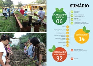 4
SUMÁRIO
07
08
10
12
ORGANIZAR
O GRUPO
PLANTAR
PARA COLHER
OBSERVAR O ESPAÇO
E AS POTENCIALIDADES
PLANEJANDO A ROTAÇÃO
E CONSORCIAÇÃO DE CULTURAS
O SOLO
TRATOS CULTURAIS
PROPAGAÇÃO E PLANTIO
CULTIVO EM PEQUENOS
ESPAÇOS
CONTROLE DE PRAGAS
E DOENÇAS
COMPOSTAGEM
ÁGUA
15
16
18
19
22
25
30
RECEITAS
APROVEITAMENTO
INTEGRAL DOS ALIMENTOS33
34
PLANEJANDO
A HORTA
06
COZINHANDO
COM SAÚDE
32
CULTIVANDO
14
 