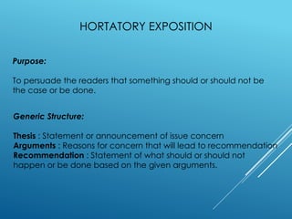 HORTATORY EXPOSITION
Purpose:
To persuade the readers that something should or should not be
the case or be done.
Generic Structure:
Thesis : Statement or announcement of issue concern
Arguments : Reasons for concern that will lead to recommendation
Recommendation : Statement of what should or should not
happen or be done based on the given arguments.
 