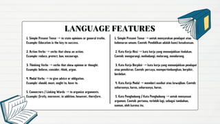 LANGUAGE FEATURES
1. Simple Present Tense →to state opinions or general truths.
Example: Education is the key to success.
2. Action Verbs →verbs that show an action.
Example: reduce, protect, ban, encourage.
3. Thinking Verbs →verbs that show opinion or thought.
Example: believe, consider, think, argue.
4. Modal Verbs →to give advice or obligation.
Example: should, must, ought to, have to.
5. Connectors / Linking Words →to organize arguments.
Example: firstly, moreover, in addition, however, therefore.
1. Simple Present Tense →untuk menyatakan pendapat atau
kebenaran umum. Contoh: Pendidikan adalah kunci kesuksesan.
2. Kata Kerja Aksi →kata kerja yang menunjukkan tindakan.
Contoh: mengurangi, melindungi, melarang, mendorong.
3. Kata Kerja Berpikir →kata kerja yang menunjukkan pendapat
atau pemikiran. Contoh: percaya, mempertimbangkan, berpikir,
berdebat.
4. Kata Kerja Modal →memberi nasihat atau kewajiban. Contoh:
seharusnya, harus, seharusnya, harus.
5. Kata Penghubung / Kata Penghubung →untuk menyusun
argumen. Contoh: pertama, terlebih lagi, sebagai tambahan,
namun, oleh karena itu.
 