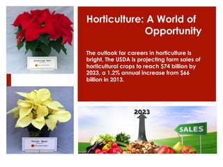 Horticulture: A World of 
Opportunity 
The outlook for careers in horticulture is 
bright, The USDA is projecting farm sales of 
horticultural crops to reach $74 billion by 
2023, a 1.2% annual increase from $66 
billion in 2013. 
 