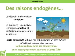 GINESTET CONSEIL Stratégie d’entreprise & Communication
DECROCHAGE
Des raisons endogènes…
Le végétal : un être vivant
complexe.
Le jardinage : une activité
technique complexe et
contraignante aux résultats
aléatoires.
Cette complexité fait que l’on est plus dans un bien culturel
qu’un bien de consommation courante.
Un bien culturel exige des connaissances
et un accompagnement pour être accessible.
 