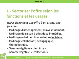 GINESTET CONSEIL Stratégie d’entreprise & Communication
MESURE 1
1 - Sectoriser l’offre selon les
fonctions et les usages
Relier clairement une offre à un usage, une
fonction.
- Jardinage d’aménagement, d’investissement.
- Jardinage de saison à effet déco immédiat.
- Jardinage urbain en hors sol et en intérieur.
- Jardinage collaboratif, pédagogique,
thérapeutique.
- Gamme végétale « bien être ».
- Gamme végétale « collection ».
 