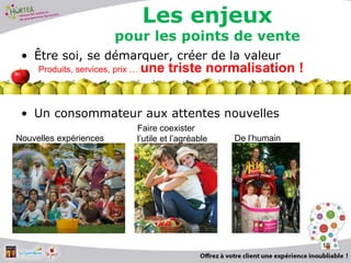 • Être soi, se démarquer, créer de la valeur
10
Produits, services, prix … une triste normalisation !
• Un consommateur aux attentes nouvelles
Nouvelles expériences
Faire coexister
l’utile et l’agréable De l’humain
Les enjeux
pour les points de vente
 