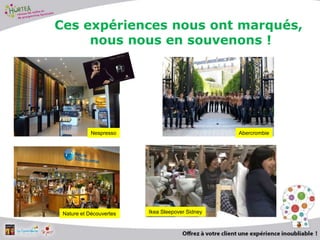 Ces expériences nous ont marqués,
nous nous en souvenons !
3
Abercrombie
Ikea Sleepover Sidney
Nespresso
Nature et Découvertes
 