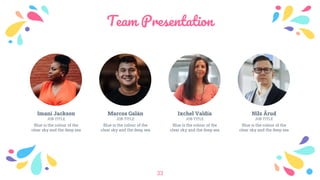 Team Presentation
33
Imani Jackson
JOB TITLE
Blue is the colour of the
clear sky and the deep sea
Marcos Galán
JOB TITLE
Blue is the colour of the
clear sky and the deep sea
Ixchel Valdía
JOB TITLE
Blue is the colour of the
clear sky and the deep sea
Nils Årud
JOB TITLE
Blue is the colour of the
clear sky and the deep sea
 