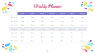 Weekly Planner
35
SUNDAY MONDAY TUESDAY WEDNESDAY THURSDAY FRIDAY SATURDAY
09:00 - 09:45 Task Task Task Task Task Task Task
10:00 - 10:45 Task Task Task Task Task Task Task
11:00 - 11:45 Task Task Task Task Task Task Task
12:00 - 13:15 ✔ Free time ✔ Free time ✔ Free time ✔ Free time ✔ Free time ✔ Free time ✔ Free time
13:30 - 14:15 Task Task Task Task Task Task Task
14:30 - 15:15 Task Task Task Task Task Task Task
15:30 - 16:15 Task Task Task Task Task Task Task
 