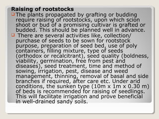 Raising of rootstocks
 The plants propagated by grafting or budding
require raising of rootstocks, upon which scion
shoot or bud of a promising cultivar is grafted or
budded. This should be planned well in advance.
 There are several activities like, collection/
purchase of seeds to be sown for rootstock
purpose, preparation of seed bed, use of poly
containers, filling mixture, type of seeds
(orthodox or recalcitrant), seed quality (boldness,
viability, germination, free from pest and
diseases), seed treatment, time and method of
sowing, irrigation, pest, disease and weed
management, thinning, removal of basal and side
branches if required, after care etc. Under arid
conditions, the sunken type (10m x 1m x 0.30 m)
of beds is recommended for raising of seedlings.
This will facilitate irrigation and prove beneficial
in well-drained sandy soils.
 