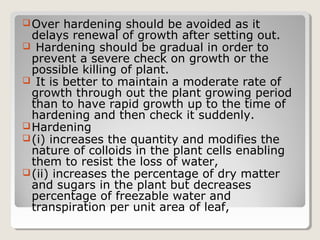 Over hardening should be avoided as it
delays renewal of growth after setting out.
 Hardening should be gradual in order to
prevent a severe check on growth or the
possible killing of plant.
 It is better to maintain a moderate rate of
growth through out the plant growing period
than to have rapid growth up to the time of
hardening and then check it suddenly.
Hardening
(i) increases the quantity and modifies the
nature of colloids in the plant cells enabling
them to resist the loss of water,
(ii) increases the percentage of dry matter
and sugars in the plant but decreases
percentage of freezable water and
transpiration per unit area of leaf,
 