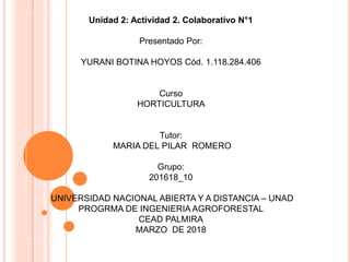 Unidad 2: Actividad 2. Colaborativo N°1
Presentado Por:
YURANI BOTINA HOYOS Cód. 1.118.284.406
Curso
HORTICULTURA
Tutor:
MARIA DEL PILAR ROMERO
Grupo:
201618_10
UNIVERSIDAD NACIONAL ABIERTA Y A DISTANCIA – UNAD
PROGRMA DE INGENIERIA AGROFORESTAL
CEAD PALMIRA
MARZO DE 2018
 