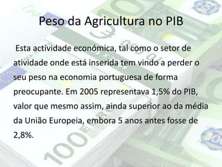 Peso da Agricultura no PIB
Esta actividade económica, tal como o setor de
atividade onde está inserida tem vindo a perder o
seu peso na economia portuguesa de forma
preocupante. Em 2005 representava 1,5% do PIB,
valor que mesmo assim, ainda superior ao da média
da União Europeia, embora 5 anos antes fosse de
2,8%.
 