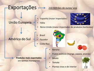 Exportações                        210 Milhões de euros/ ano


                       • Espanha (maior importador)
União Europeia         • Itália
                       • Reino Unido (maior importador de produtos hortícolas)


                       • Brasil
América do Sul         • Equador
                       • Costa Rica

                                   • Banana
                                   • Frutos exóticos (manga, papaia, ananás)
    Produtos mais exportados       • Batata
      em termos monetários
                                   • Tomate
                                   • Plantas vivas e de interior
 