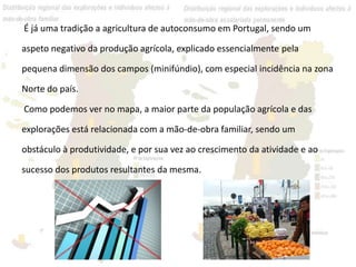 É já uma tradição a agricultura de autoconsumo em Portugal, sendo um

aspeto negativo da produção agrícola, explicado essencialmente pela

pequena dimensão dos campos (minifúndio), com especial incidência na zona

Norte do país.

Como podemos ver no mapa, a maior parte da população agrícola e das

explorações está relacionada com a mão-de-obra familiar, sendo um

obstáculo à produtividade, e por sua vez ao crescimento da atividade e ao

sucesso dos produtos resultantes da mesma.
 