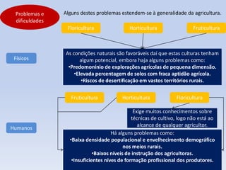Problemas e    Alguns destes problemas estendem-se à generalidade da agricultura.
 dificuldades
                 Floricultura               Horticultura                 Fruticultura



                As condições naturais são favoráveis daí que estas culturas tenham
 Físicos               algum potencial, embora haja alguns problemas como:
                 •Predomonínio de explorações agrícolas de pequena dimensão.
                    •Elevada percentagem de solos com fraca aptidão agrícola.
                       •Riscos de desertificação em vastos territórios rurais.


                   Fruticultura          Horticultura            Floricultura

                                                Exige muitos conhecimentos sobre
                                              técnicas de cultivo, logo não está ao
                                                  alcance de qualquer agricultor.
Humanos
                                     Há alguns problemas como:
                  •Baixa densidade populacional e envelhecimento demográfico
                                           nos meios rurais.
                             •Baixos níveis de instrução dos agricultoras.
                   •Insuficientes níves de formação profissional dos produtores.
 