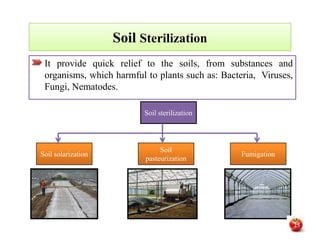 Soil SterilizationSoil Sterilization
Soil sterilization
It provide quick relief to the soils, from substances and
organisms, which harmful to plants such as: Bacteria, Viruses,
Fungi, Nematodes.
Soil solarizationSoil solarization
Soil
pasteurization
Soil
pasteurization
FumigationFumigation
25
 