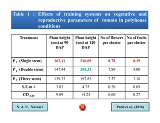 Table 1 : Effects of training systems on vegetative and
reproductive parameters of tomato in polyhouse
conditions
Table 1 : Effects of training systems on vegetative and
reproductive parameters of tomato in polyhouse
conditions
Treatment Plant height
(cm) at 90
DAP
Plant height
(cm) at 120
DAP
No of flowers
per cluster
No of fruits
per cluster
P 1 (Single stem) 163.11 216.69 8.78 6.19
N. A. U, Navsari Patel et al., (2016)
P 1 (Single stem) 163.11 216.69 8.78 6.19
P 2 (Double stem) 147.44 205.32 7.89 4.00
P 3 (Three stem) 139.33 197.83 7.57 3.18
S.E.m ± 3.03 4.75 0.20 0.09
CD 0.05 9.09 14.24 0.60 0.27
34
 