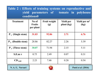 Table 2 : Effects of training systems on reproductive and
yield parameters of tomato in polyhouse
conditions0
Table 2 : Effects of training systems on reproductive and
yield parameters of tomato in polyhouse
conditions0
Treatment No of
Fruits
per plant
Fruit weight
(g)
Yield per
plant (kg)
Yield per m2
(kg)
P 1 (Single stem) 31.83 92.86 2.71 6.76
P 2 (Double stem) 28.86 82.27 2.26 5.39
P 3 (Three stem) 30.07 71.94 2.15 5.11
S.E.m ± 0.75 2.49 0.07 0.31
CD 0.05 2.23 7.46 0.20 0.54
N. A. U, Navsari Patel et al. (2016)35
 