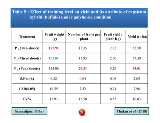 Table 5 : Effect of training level on yield and its attribute of capsicum
hybrid (buffalo) under polyhouse condition
Table 5 : Effect of training level on yield and its attribute of capsicum
hybrid (buffalo) under polyhouse condition
Treatment
Fruit weight
(g)
Number of fruits per
plant
Fruit yield /
plant(Kg)
Yield (t / ha)
P 1 (Two shoots) 175.91 12.35 2.22 65.58
P 2 (Three shoots) 162.01 15.85 2.60 77.39
P 3 (Four shoots) 154.08 20.31 3.20 95.01
S.Em (±) 6.52 0.84 0.08 2.65
LSD(0.05) 19.55 2.52 0.24 7.96
CV% 11.93 15.58 8.85 10.03
38 Thakur et al. (2018)Samastipur, Bihar
 