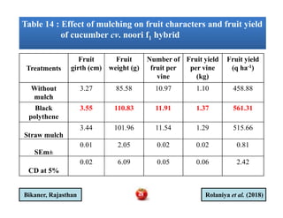 Table 14 : Effect of mulching on fruit characters and fruit yield
of cucumber cv. noori f1 hybrid
Table 14 : Effect of mulching on fruit characters and fruit yield
of cucumber cv. noori f1 hybrid
Treatments
Fruit
girth (cm)
Fruit
weight (g)
Number of
fruit per
vine
Fruit yield
per vine
(kg)
Fruit yield
(q ha-1)
Without
mulch
3.27 85.58 10.97 1.10 458.88
Black
polythene
3.55 110.83 11.91 1.37 561.31Black
polythene
3.55 110.83 11.91 1.37 561.31
Straw mulch
3.44 101.96 11.54 1.29 515.66
SEm±
0.01 2.05 0.02 0.02 0.81
CD at 5%
0.02 6.09 0.05 0.06 2.42
Rolaniya et al. (2018)Bikaner, Rajasthan 48
 