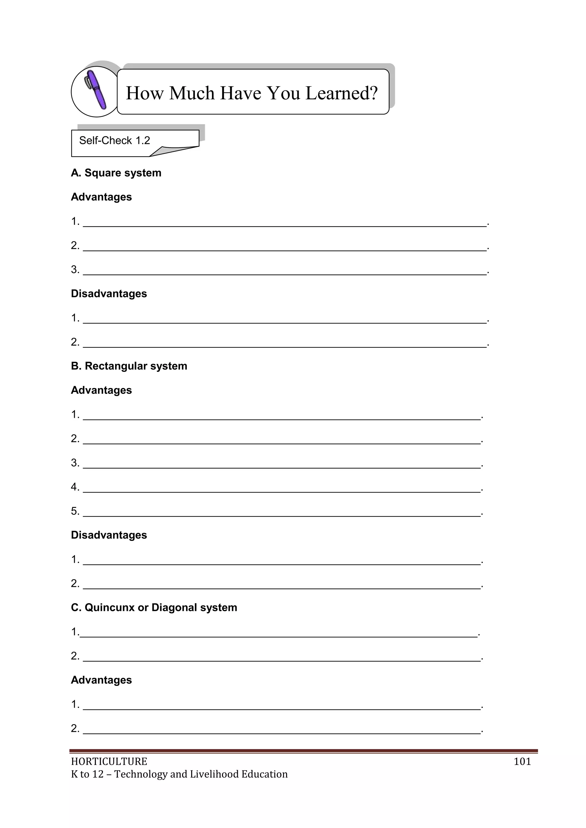HORTICULTURE 101
K to 12 – Technology and Livelihood Education
A. Square system
Advantages
1. ___________________________________________________________________.
2. ___________________________________________________________________.
3. ___________________________________________________________________.
Disadvantages
1. ___________________________________________________________________.
2. ___________________________________________________________________.
B. Rectangular system
Advantages
1. __________________________________________________________________.
2. __________________________________________________________________.
3. __________________________________________________________________.
4. __________________________________________________________________.
5. __________________________________________________________________.
Disadvantages
1. __________________________________________________________________.
2. __________________________________________________________________.
C. Quincunx or Diagonal system
1.__________________________________________________________________.
2. __________________________________________________________________.
Advantages
1. __________________________________________________________________.
2. __________________________________________________________________.
How Much Have You Learned?
Self-Check 1.2
 
