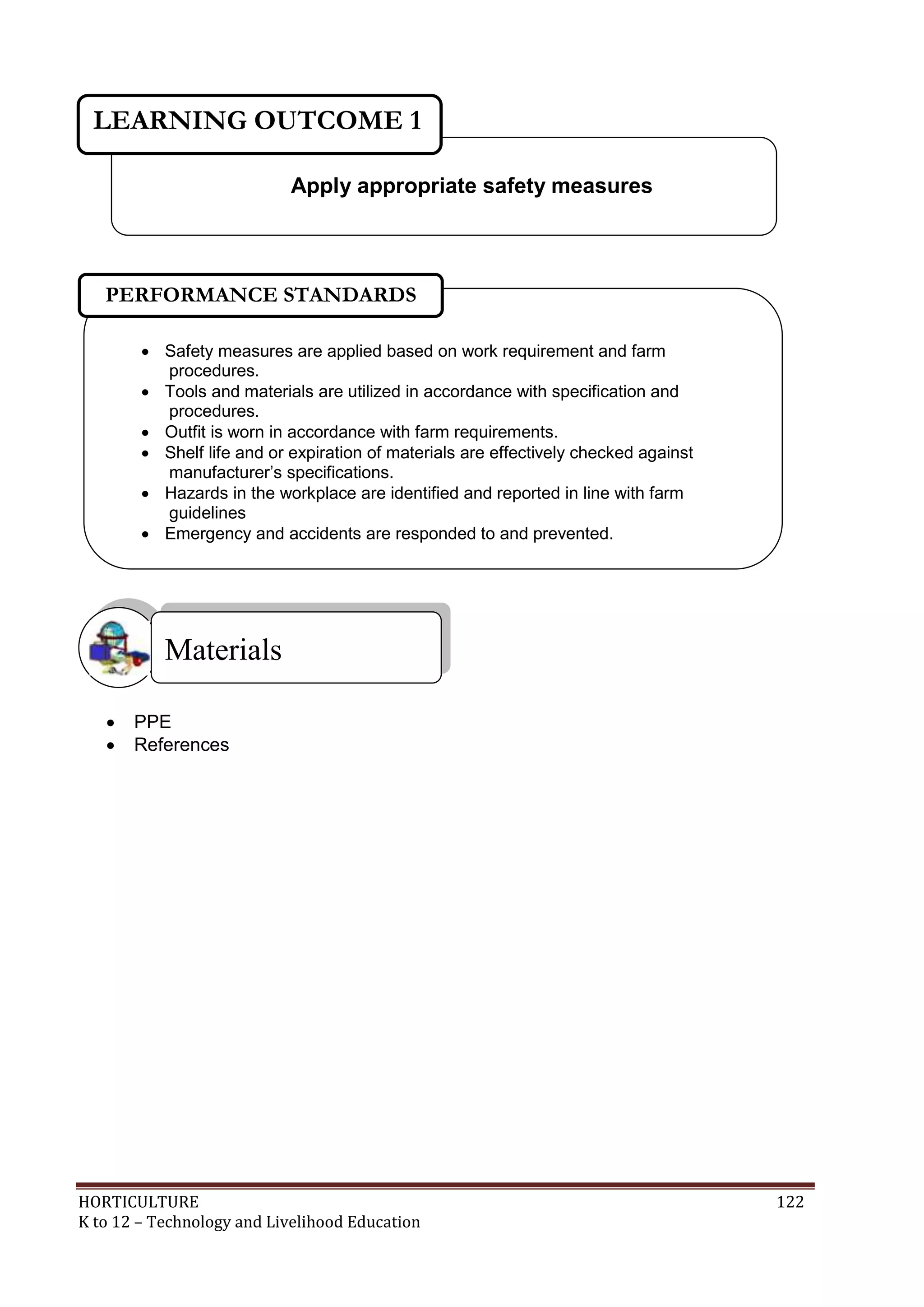HORTICULTURE 122
K to 12 – Technology and Livelihood Education
 PPE
 References
Materials
 Safety measures are applied based on work requirement and farm
procedures.
 Tools and materials are utilized in accordance with specification and
procedures.
 Outfit is worn in accordance with farm requirements.
 Shelf life and or expiration of materials are effectively checked against
manufacturer‘s specifications.
 Hazards in the workplace are identified and reported in line with farm
guidelines
 Emergency and accidents are responded to and prevented.



PERFORMANCE STANDARDS
Apply appropriate safety measures
LEARNING OUTCOME 1
 
