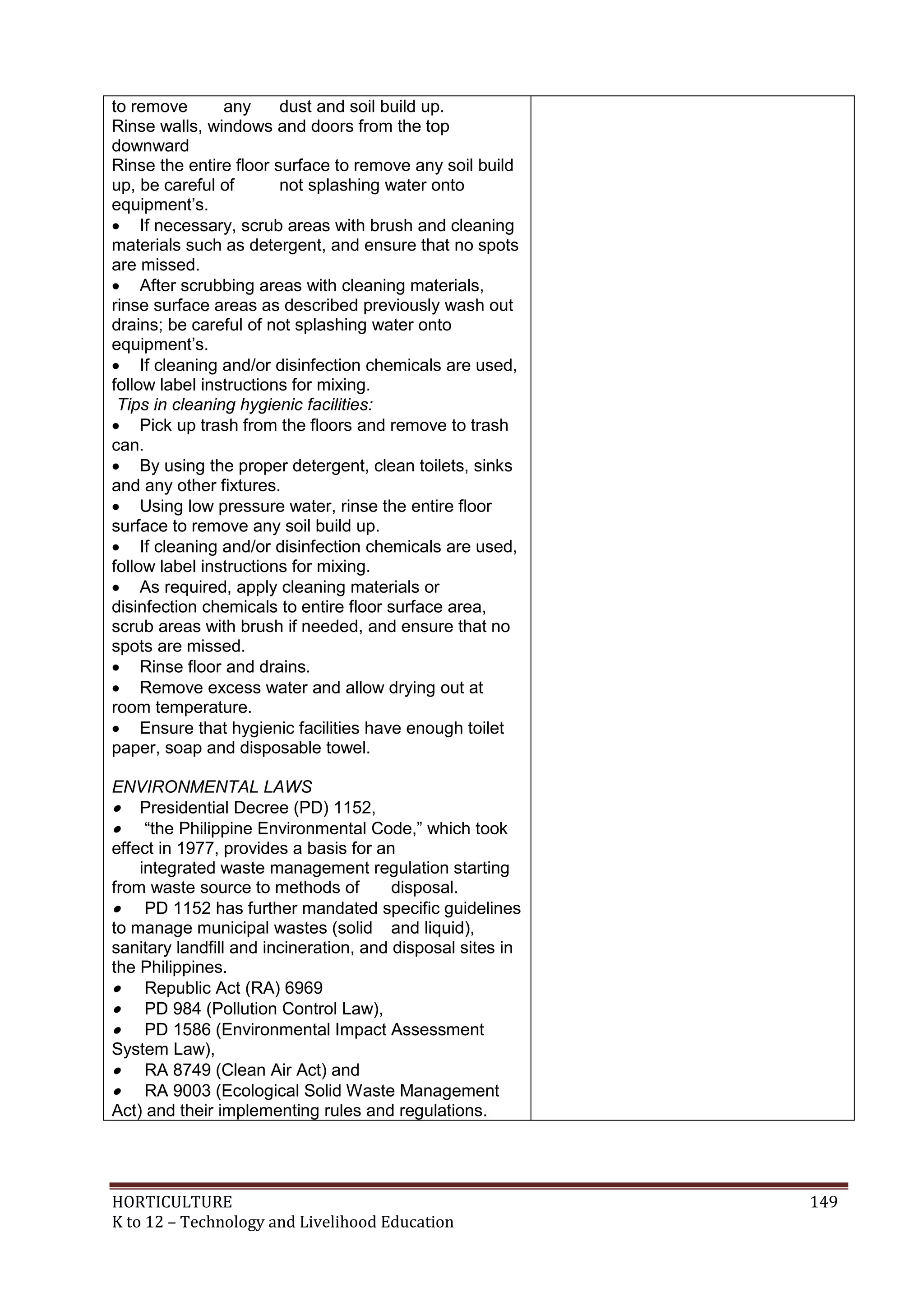 HORTICULTURE 149
K to 12 – Technology and Livelihood Education
to remove any dust and soil build up.
Rinse walls, windows and doors from the top
downward
Rinse the entire floor surface to remove any soil build
up, be careful of not splashing water onto
equipment‘s.
 If necessary, scrub areas with brush and cleaning
materials such as detergent, and ensure that no spots
are missed.
 After scrubbing areas with cleaning materials,
rinse surface areas as described previously wash out
drains; be careful of not splashing water onto
equipment‘s.
 If cleaning and/or disinfection chemicals are used,
follow label instructions for mixing.
Tips in cleaning hygienic facilities:
 Pick up trash from the floors and remove to trash
can.
 By using the proper detergent, clean toilets, sinks
and any other fixtures.
 Using low pressure water, rinse the entire floor
surface to remove any soil build up.
 If cleaning and/or disinfection chemicals are used,
follow label instructions for mixing.
 As required, apply cleaning materials or
disinfection chemicals to entire floor surface area,
scrub areas with brush if needed, and ensure that no
spots are missed.
 Rinse floor and drains.
 Remove excess water and allow drying out at
room temperature.
 Ensure that hygienic facilities have enough toilet
paper, soap and disposable towel.
ENVIRONMENTAL LAWS
 Presidential Decree (PD) 1152,
 ―the Philippine Environmental Code,‖ which took
effect in 1977, provides a basis for an
integrated waste management regulation starting
from waste source to methods of disposal.
 PD 1152 has further mandated specific guidelines
to manage municipal wastes (solid and liquid),
sanitary landfill and incineration, and disposal sites in
the Philippines.
 Republic Act (RA) 6969
 PD 984 (Pollution Control Law),
 PD 1586 (Environmental Impact Assessment
System Law),
 RA 8749 (Clean Air Act) and
 RA 9003 (Ecological Solid Waste Management
Act) and their implementing rules and regulations.
 