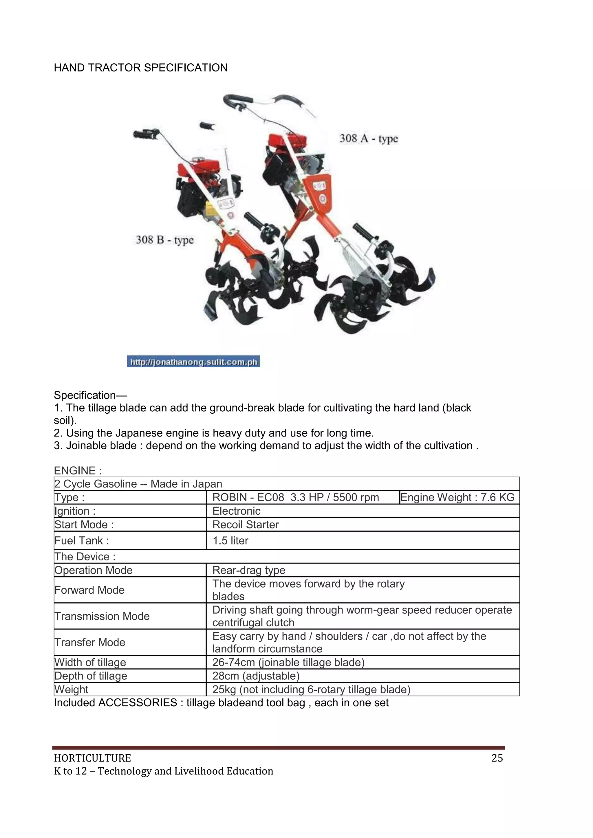 HORTICULTURE 25
K to 12 – Technology and Livelihood Education
HAND TRACTOR SPECIFICATION
Specification—
1. The tillage blade can add the ground-break blade for cultivating the hard land (black
soil).
2. Using the Japanese engine is heavy duty and use for long time.
3. Joinable blade : depend on the working demand to adjust the width of the cultivation .
ENGINE :
2 Cycle Gasoline -- Made in Japan
Type : ROBIN - EC08 3.3 HP / 5500 rpm Engine Weight : 7.6 KG
Ignition : Electronic
Start Mode : Recoil Starter
Fuel Tank : 1.5 liter
The Device :
Operation Mode Rear-drag type
Forward Mode
The device moves forward by the rotary
blades
Transmission Mode
Driving shaft going through worm-gear speed reducer operate
centrifugal clutch
Transfer Mode
Easy carry by hand / shoulders / car ,do not affect by the
landform circumstance
Width of tillage 26-74cm (joinable tillage blade)
Depth of tillage 28cm (adjustable)
Weight 25kg (not including 6-rotary tillage blade)
Included ACCESSORIES : tillage bladeand tool bag , each in one set
 
