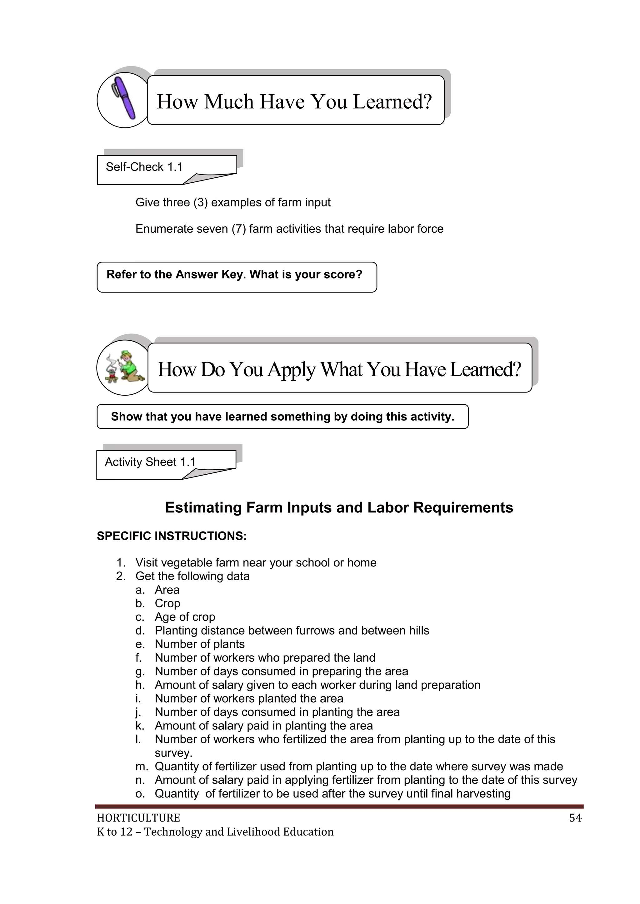 HORTICULTURE 54
K to 12 – Technology and Livelihood Education
Give three (3) examples of farm input
Enumerate seven (7) farm activities that require labor force
Estimating Farm Inputs and Labor Requirements
SPECIFIC INSTRUCTIONS:
1. Visit vegetable farm near your school or home
2. Get the following data
a. Area
b. Crop
c. Age of crop
d. Planting distance between furrows and between hills
e. Number of plants
f. Number of workers who prepared the land
g. Number of days consumed in preparing the area
h. Amount of salary given to each worker during land preparation
i. Number of workers planted the area
j. Number of days consumed in planting the area
k. Amount of salary paid in planting the area
l. Number of workers who fertilized the area from planting up to the date of this
survey.
m. Quantity of fertilizer used from planting up to the date where survey was made
n. Amount of salary paid in applying fertilizer from planting to the date of this survey
o. Quantity of fertilizer to be used after the survey until final harvesting
Refer to the Answer Key. What is your score?
Show that you have learned something by doing this activity.
How Much Have You Learned?
Activity Sheet 1.1
Self-Check 1.1
HowDo YouApplyWhatYou HaveLearned?
 