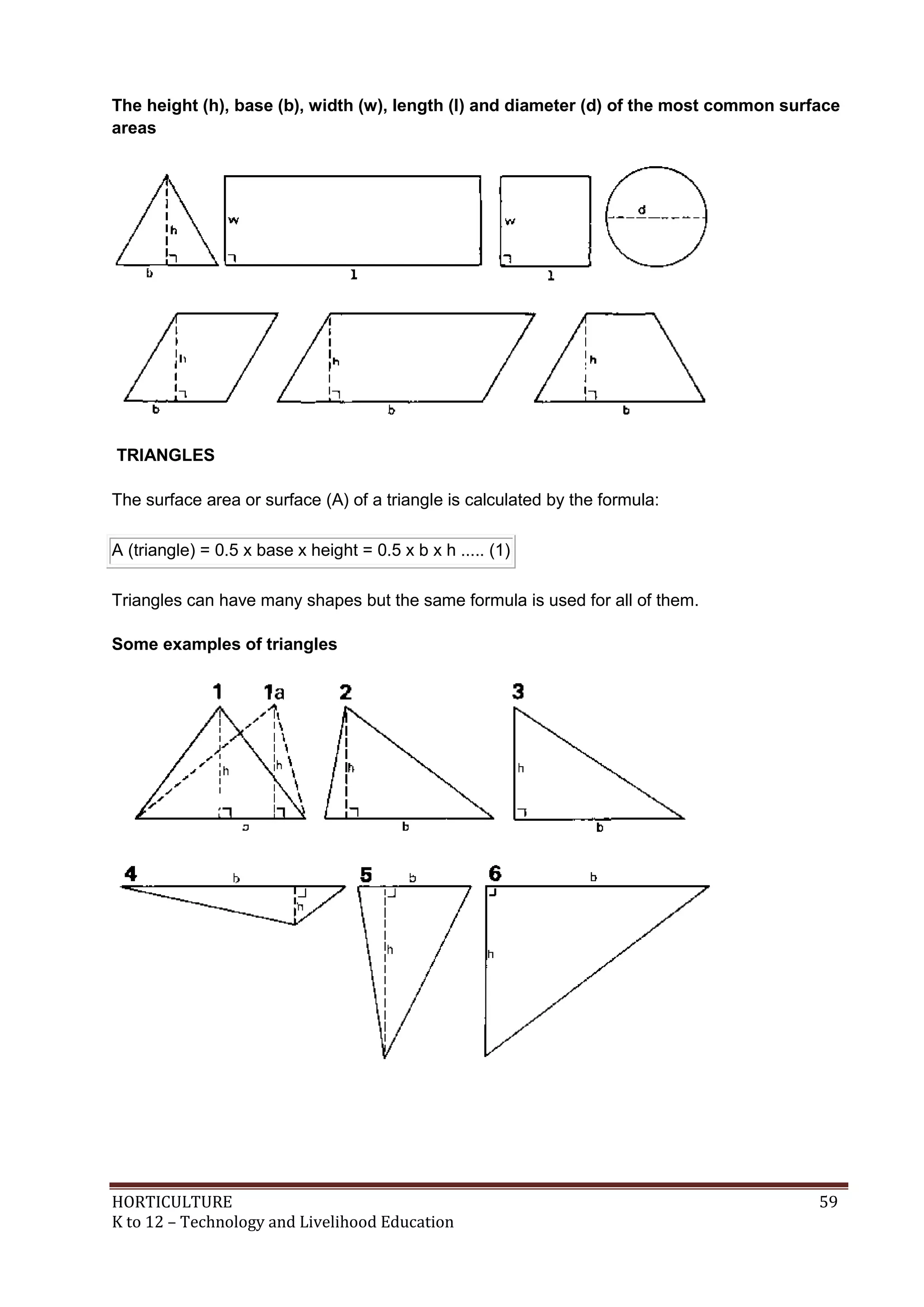 HORTICULTURE 59
K to 12 – Technology and Livelihood Education
The height (h), base (b), width (w), length (l) and diameter (d) of the most common surface
areas
TRIANGLES
The surface area or surface (A) of a triangle is calculated by the formula:
A (triangle) = 0.5 x base x height = 0.5 x b x h ..... (1)
Triangles can have many shapes but the same formula is used for all of them.
Some examples of triangles
 