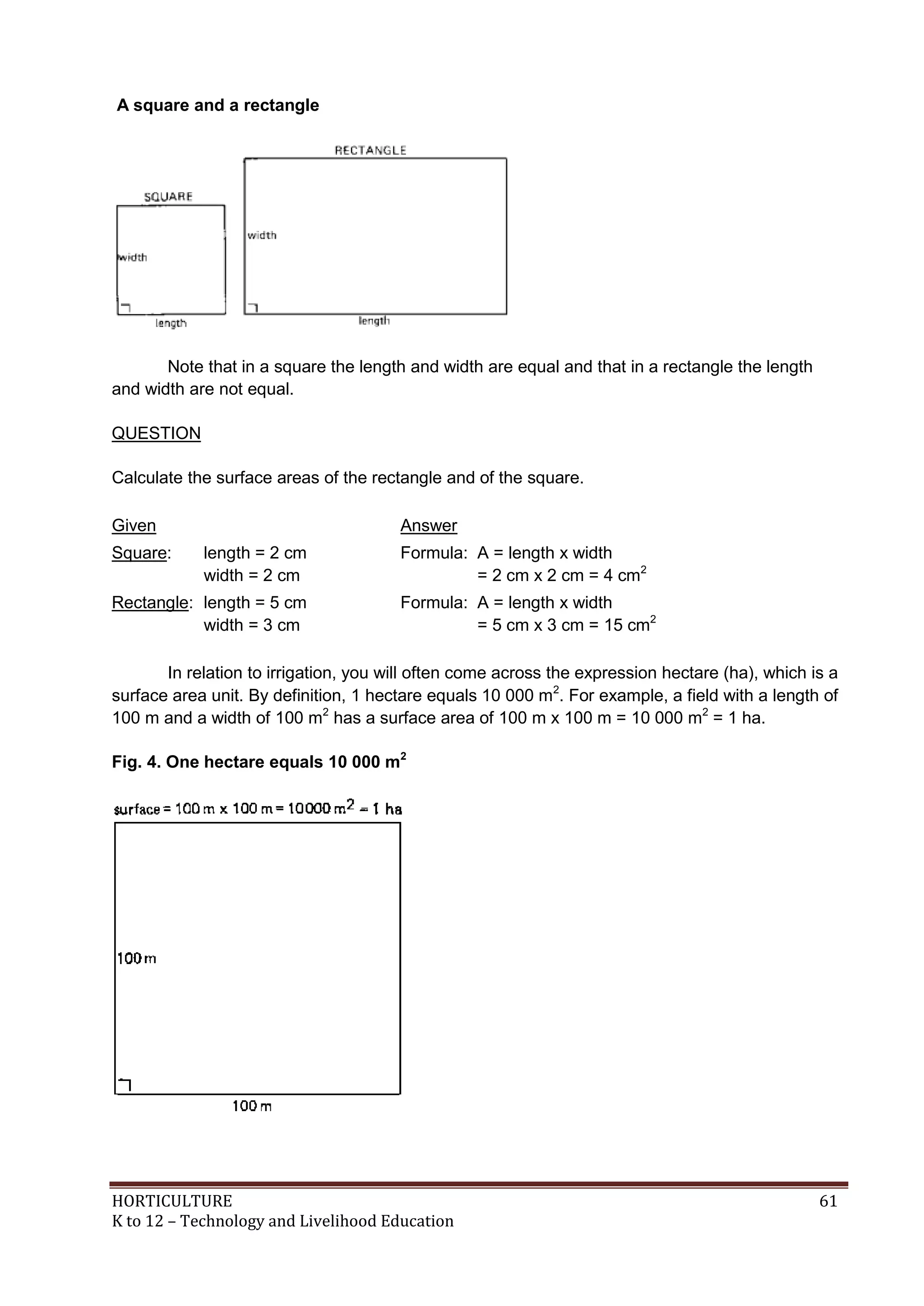 HORTICULTURE 61
K to 12 – Technology and Livelihood Education
A square and a rectangle
Note that in a square the length and width are equal and that in a rectangle the length
and width are not equal.
QUESTION
Calculate the surface areas of the rectangle and of the square.
Given Answer
Square: length = 2 cm
width = 2 cm
Formula: A = length x width
= 2 cm x 2 cm = 4 cm2
Rectangle: length = 5 cm
width = 3 cm
Formula: A = length x width
= 5 cm x 3 cm = 15 cm2
In relation to irrigation, you will often come across the expression hectare (ha), which is a
surface area unit. By definition, 1 hectare equals 10 000 m2
. For example, a field with a length of
100 m and a width of 100 m2
has a surface area of 100 m x 100 m = 10 000 m2
= 1 ha.
Fig. 4. One hectare equals 10 000 m2
 