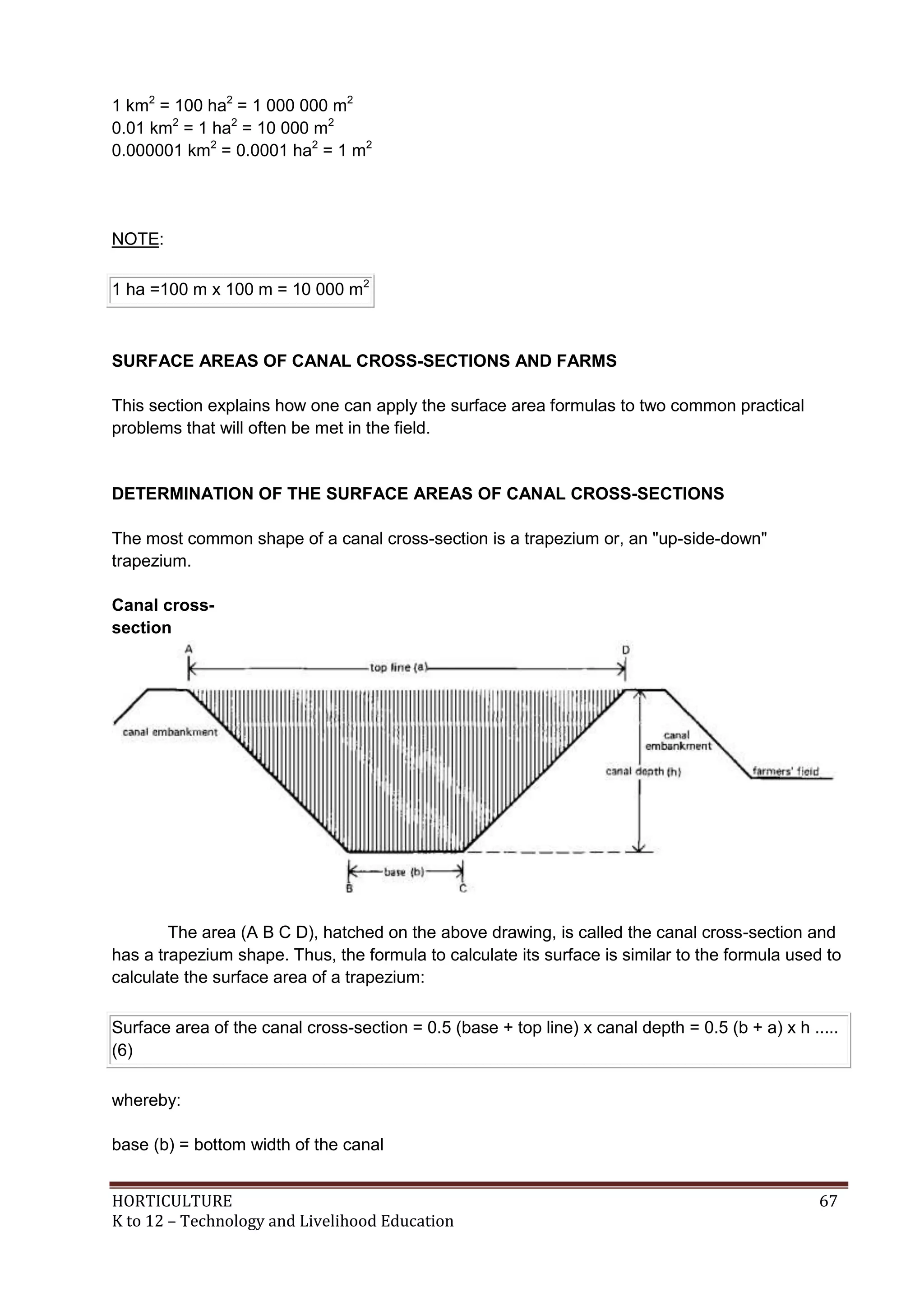 HORTICULTURE 67
K to 12 – Technology and Livelihood Education
1 km2
= 100 ha2
= 1 000 000 m2
0.01 km2
= 1 ha2
= 10 000 m2
0.000001 km2
= 0.0001 ha2
= 1 m2
NOTE:
1 ha =100 m x 100 m = 10 000 m2
SURFACE AREAS OF CANAL CROSS-SECTIONS AND FARMS
This section explains how one can apply the surface area formulas to two common practical
problems that will often be met in the field.
DETERMINATION OF THE SURFACE AREAS OF CANAL CROSS-SECTIONS
The most common shape of a canal cross-section is a trapezium or, an "up-side-down"
trapezium.
Canal cross-
section
The area (A B C D), hatched on the above drawing, is called the canal cross-section and
has a trapezium shape. Thus, the formula to calculate its surface is similar to the formula used to
calculate the surface area of a trapezium:
Surface area of the canal cross-section = 0.5 (base + top line) x canal depth = 0.5 (b + a) x h .....
(6)
whereby:
base (b) = bottom width of the canal
 